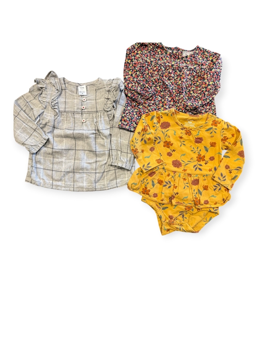 Baby Girls' 3-Piece Long Sleeve Tops Set, Size 12 Months, Floral and Plaid